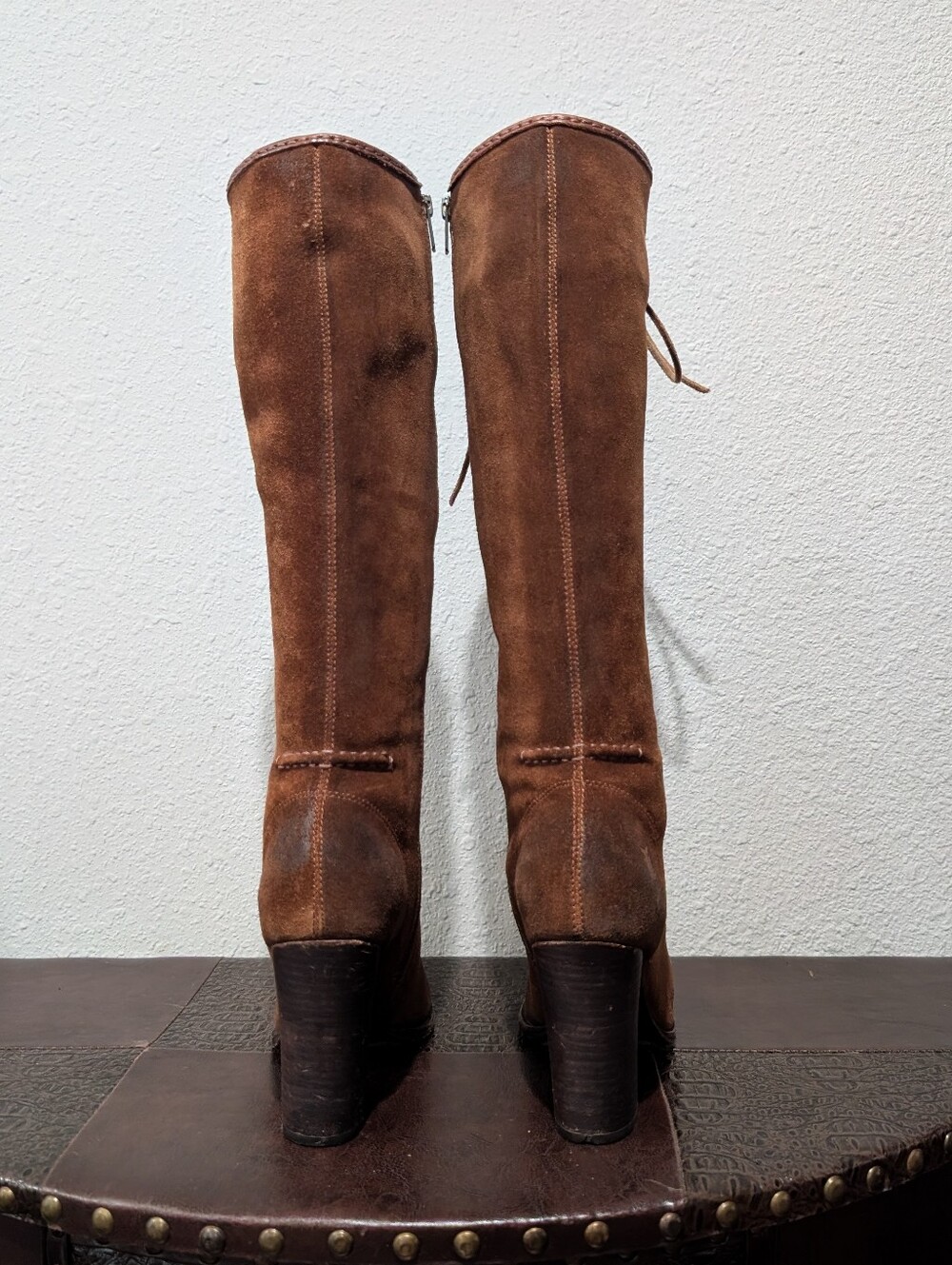 FRYE Parker Moccasin Lace Up Tall Knee High Zip Brown Suede Leather Boots - Picture 7 of 16